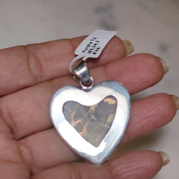 Purple Copper Turquoise gemstone heart pendant in 925 sterling silver. - Picture 3 of 6